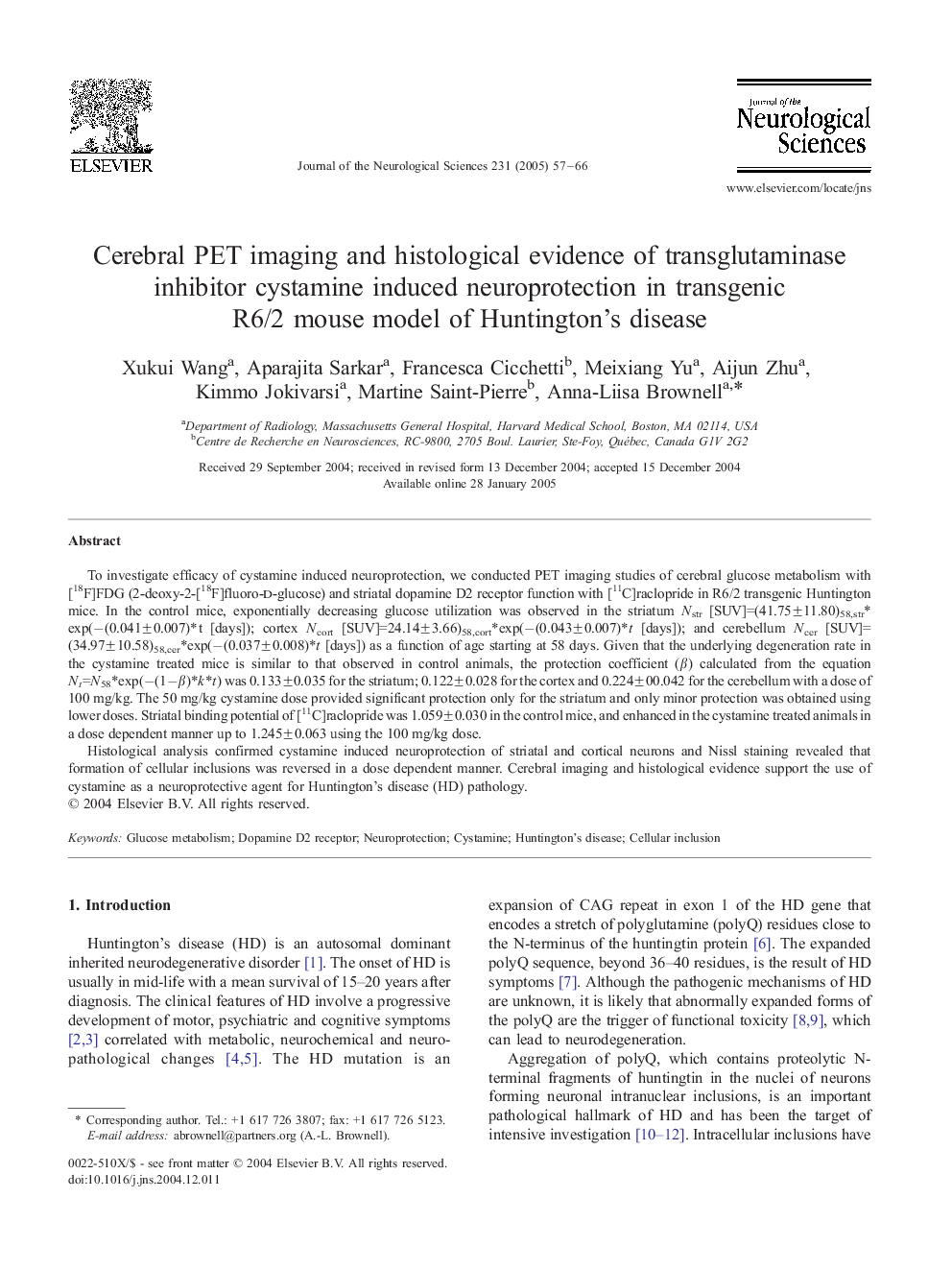 Cerebral PET imaging and histological evidence of transglutaminase inhibitor cystamine induced neuroprotection in transgenic R6/2 mouse model of Huntington's disease