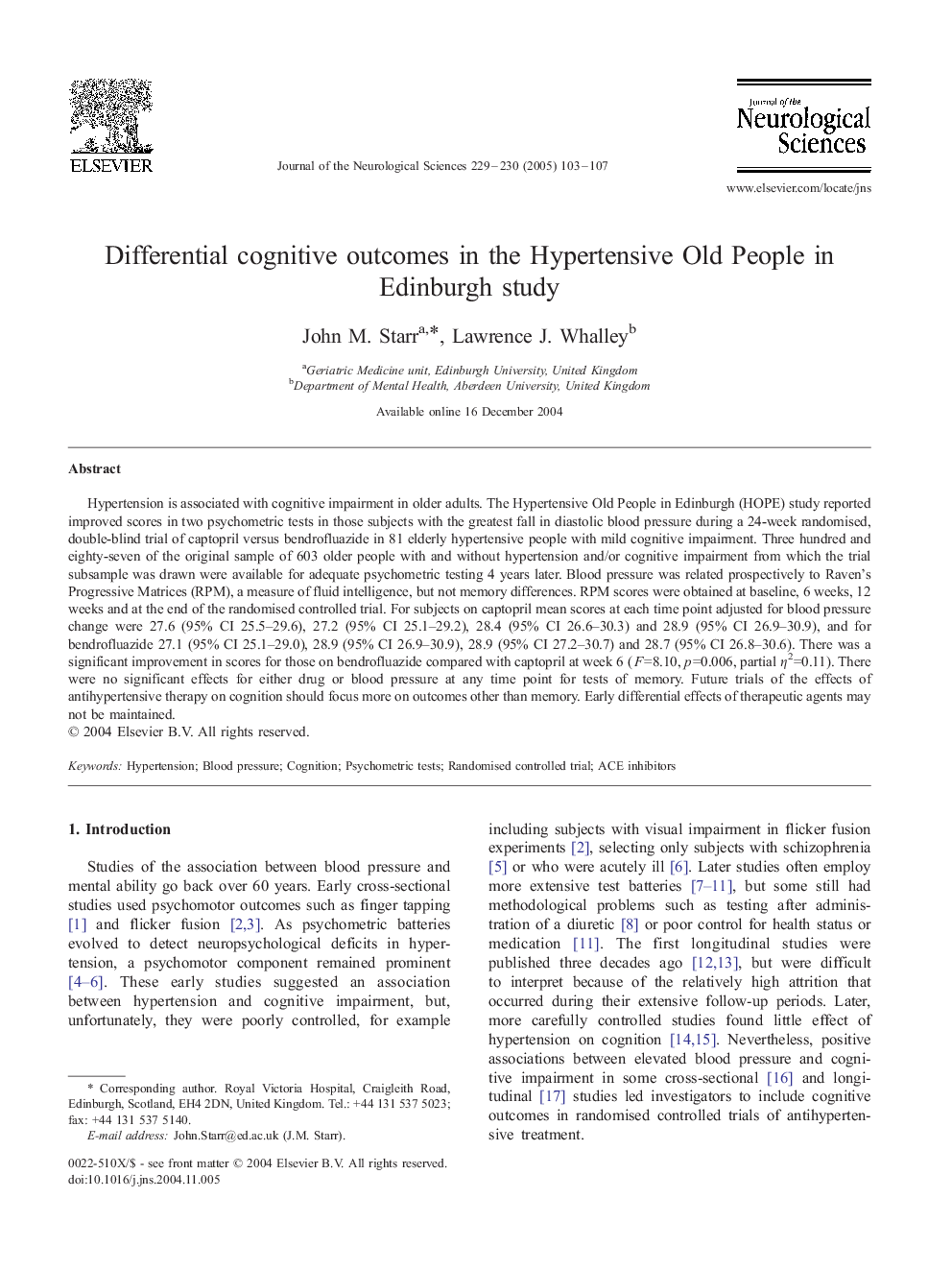 Differential cognitive outcomes in the Hypertensive Old People in Edinburgh study