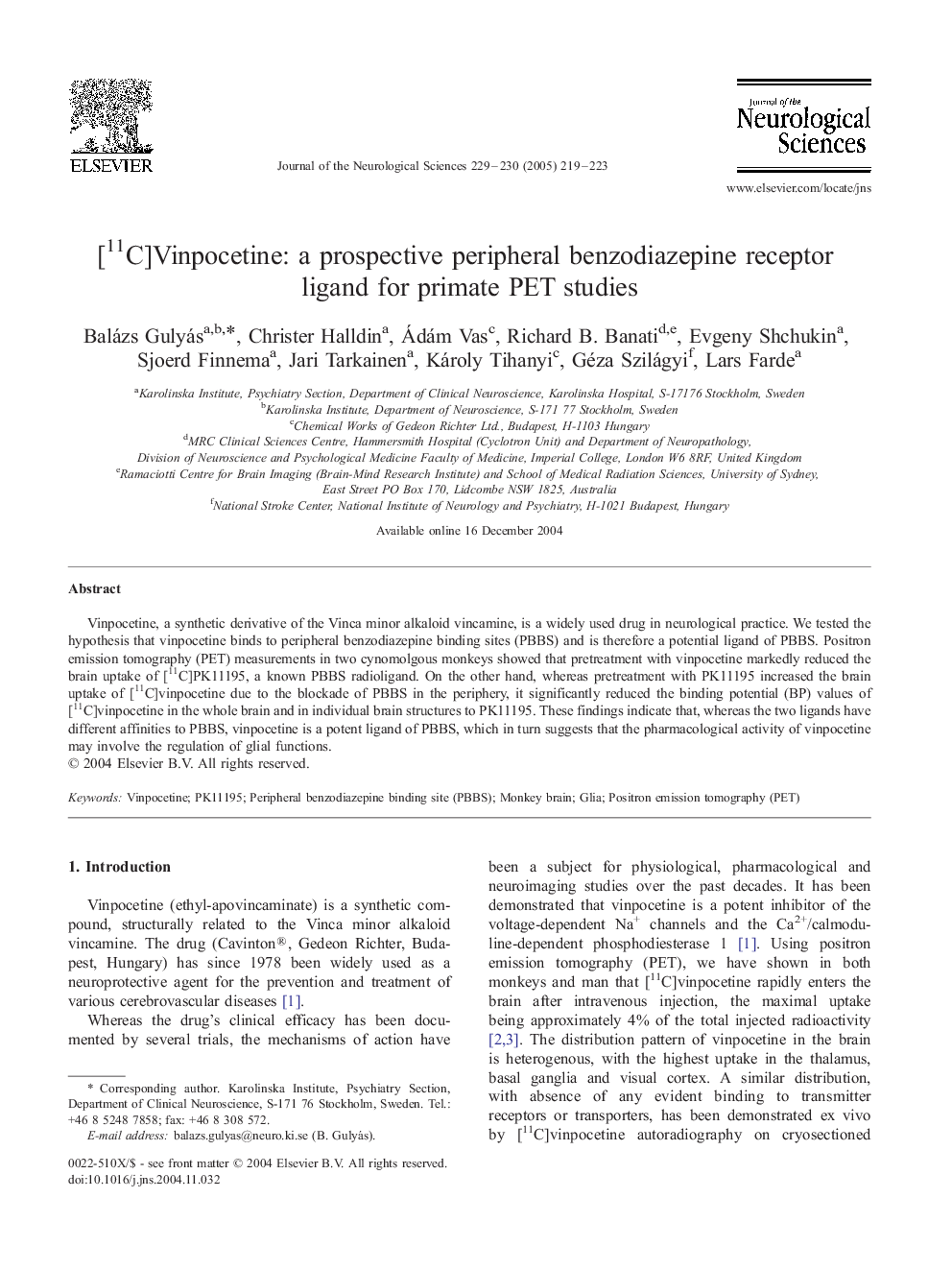 [11C]Vinpocetine: a prospective peripheral benzodiazepine receptor ligand for primate PET studies