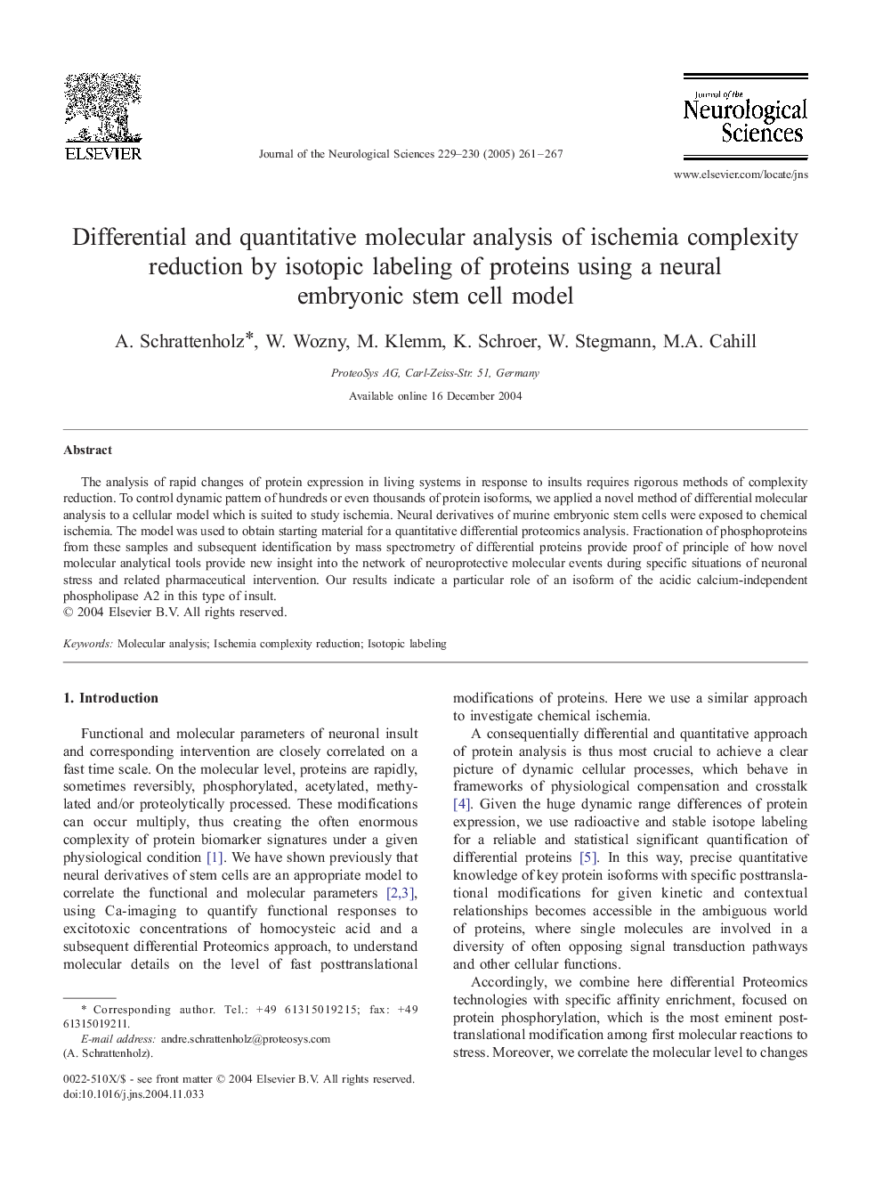 عکس صفحه اول مقاله: Differential and quantitative molecular analysis of ischemia complexity reduction by isotopic labeling of proteins using a neural embryonic stem cell model Differential and quantitative molecular analysis of ischemia complexity reduction by isotopic labeling of proteins using a neural embryonic stem cell model