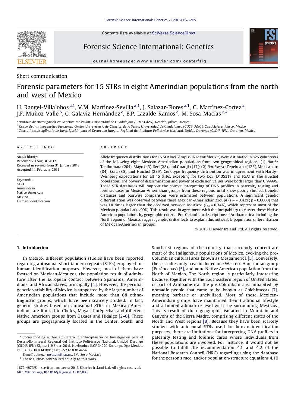 Forensic parameters for 15 STRs in eight Amerindian populations from the north and west of Mexico