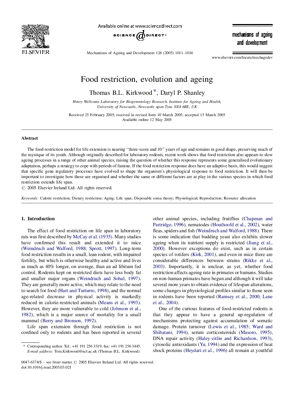 Food restriction, evolution and ageing