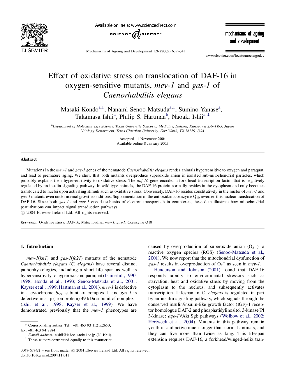 Effect of oxidative stress on translocation of DAF-16 in oxygen-sensitive mutants, mev-1 and gas-1 of Caenorhabditis elegans