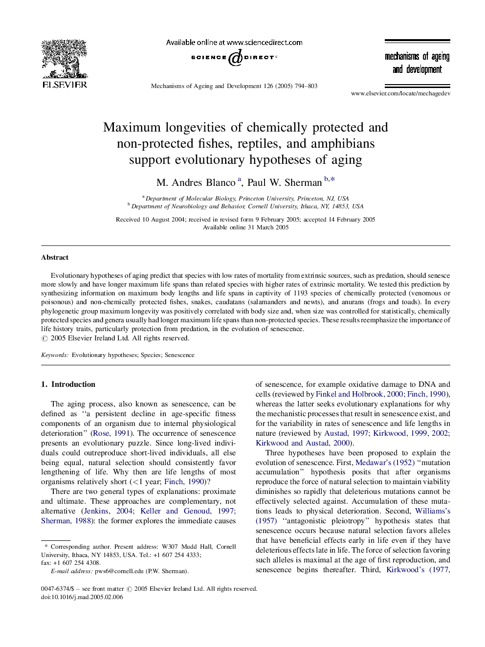 Maximum longevities of chemically protected and non-protected fishes, reptiles, and amphibians support evolutionary hypotheses of aging