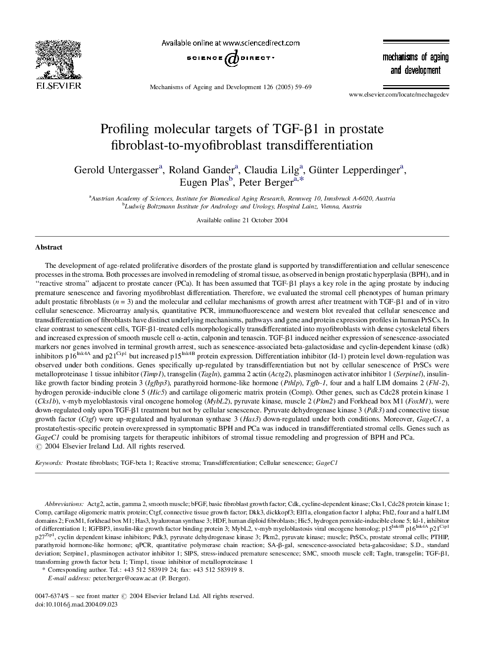 Profiling molecular targets of TGF-Î²1 in prostate fibroblast-to-myofibroblast transdifferentiation