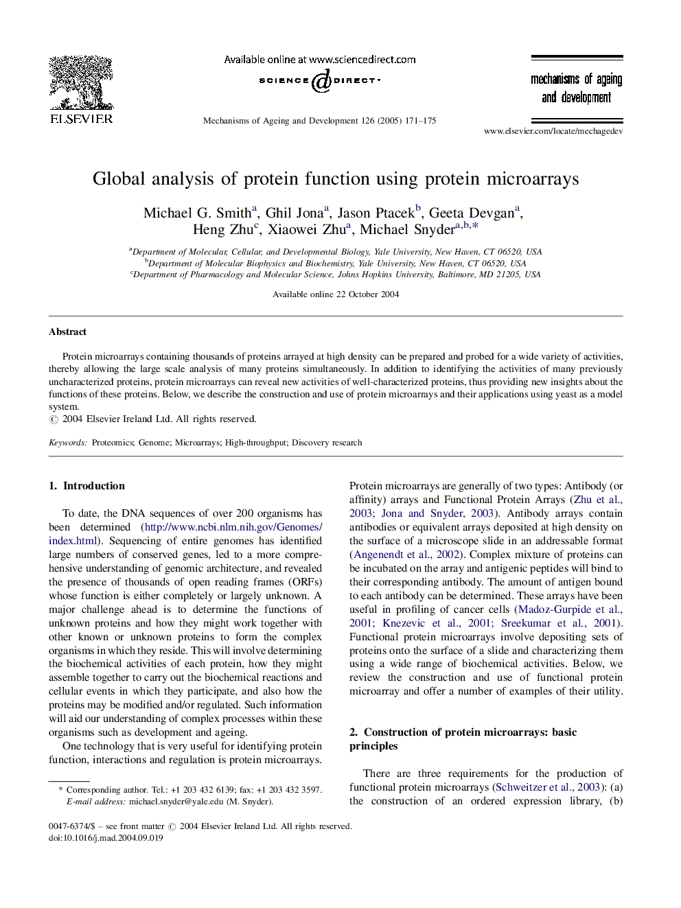 Global analysis of protein function using protein microarrays