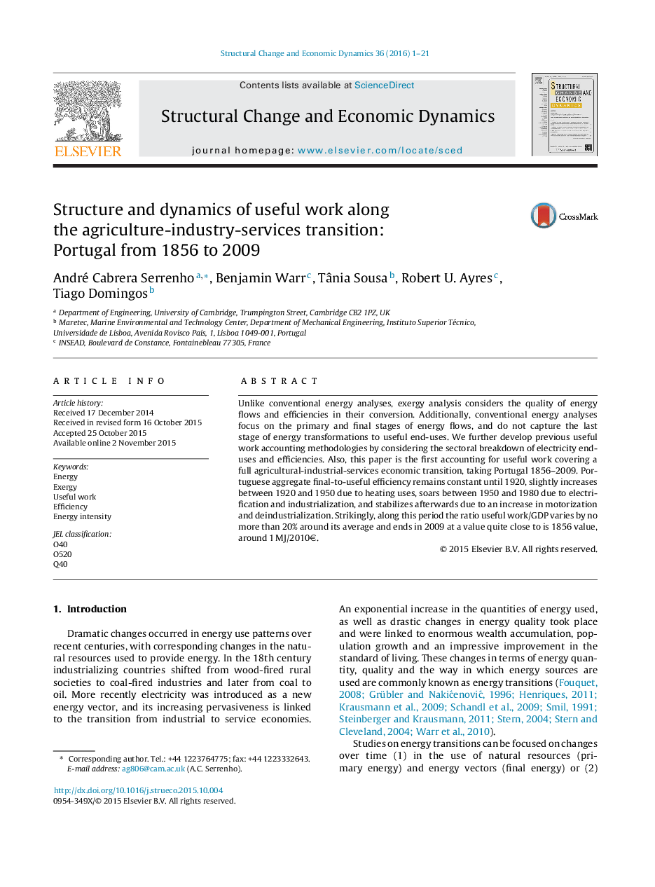 Structure and dynamics of useful work along the agriculture-industry-services transition: Portugal from 1856 to 2009