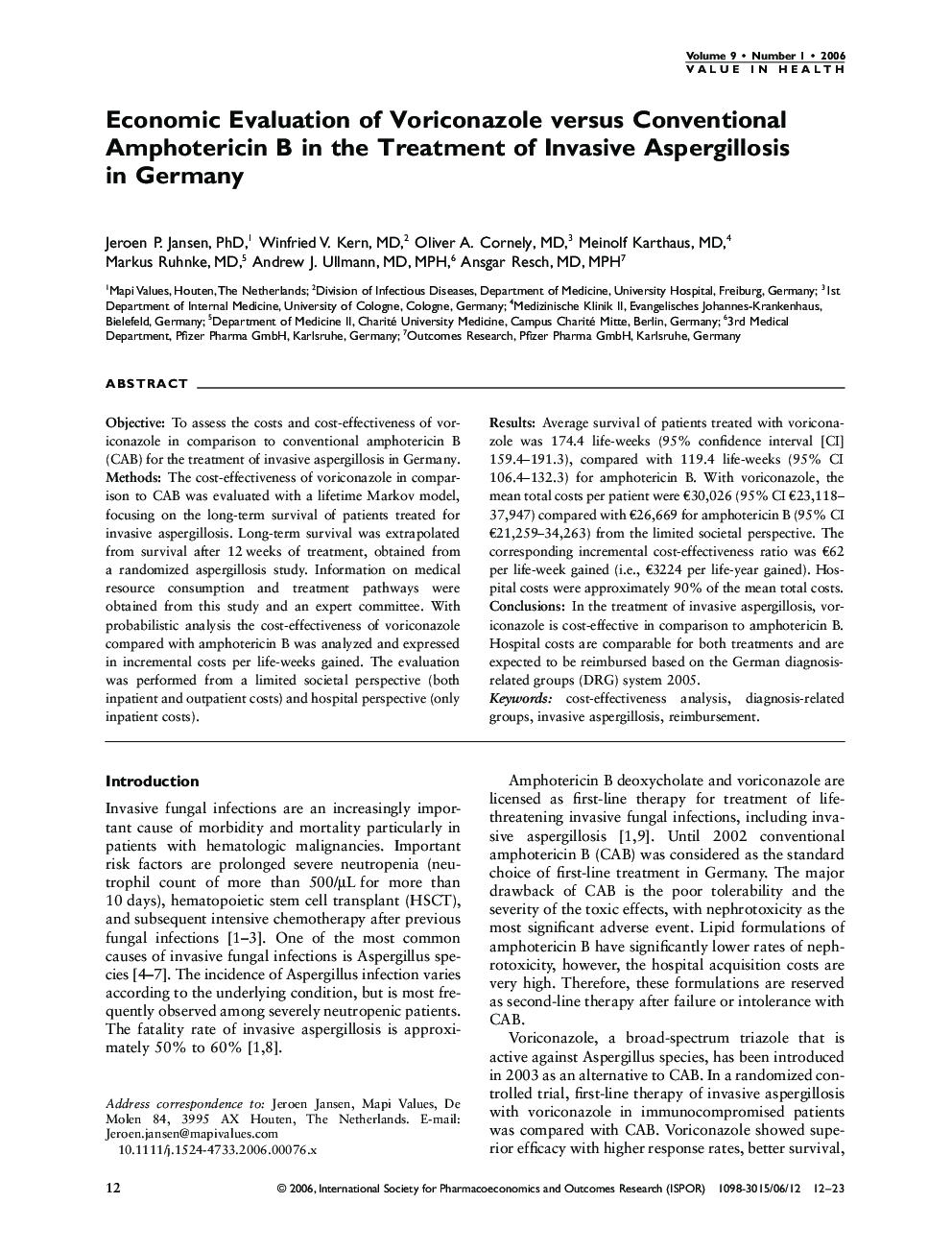 Economic Evaluation of Voriconazole versus Conventional Amphotericin B in the Treatment of Invasive Aspergillosis in Germany