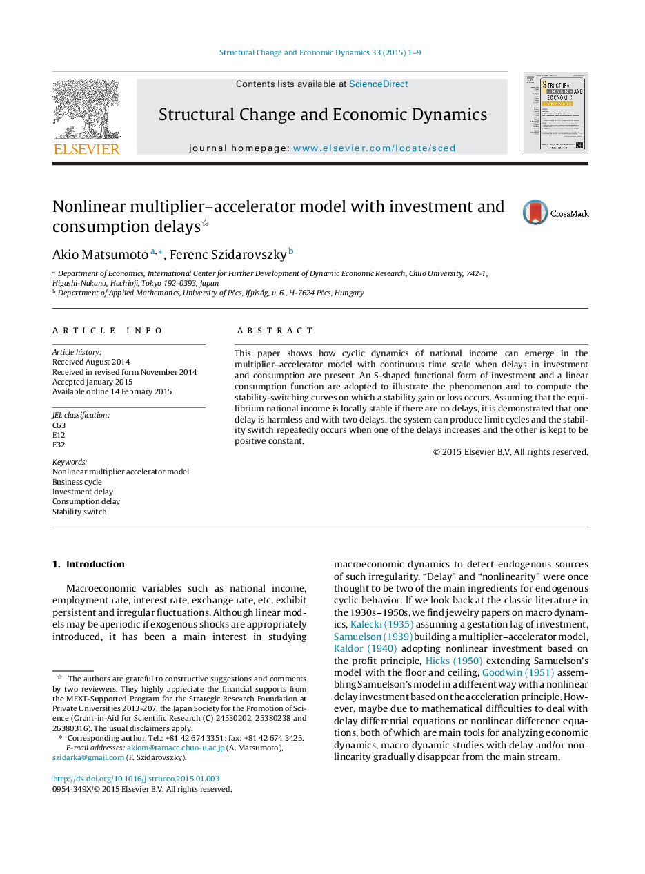 Nonlinear multiplier–accelerator model with investment and consumption delays 