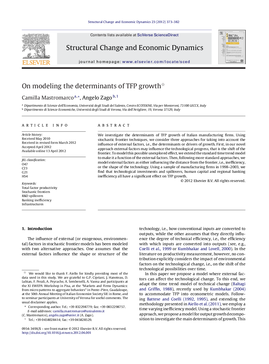 On modeling the determinants of TFP growth 