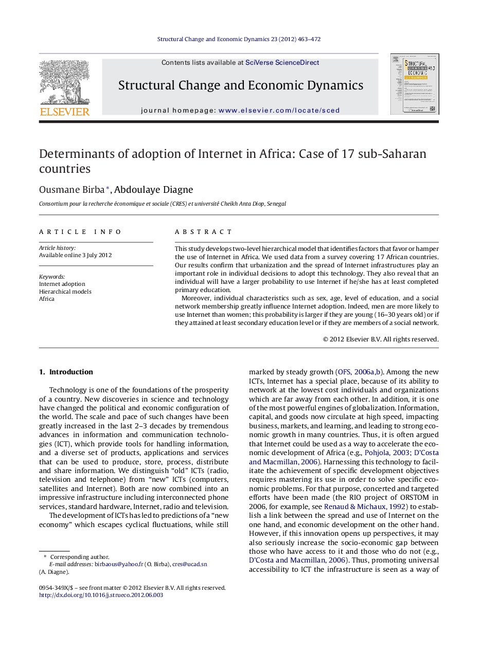 Determinants of adoption of Internet in Africa: Case of 17 sub-Saharan countries