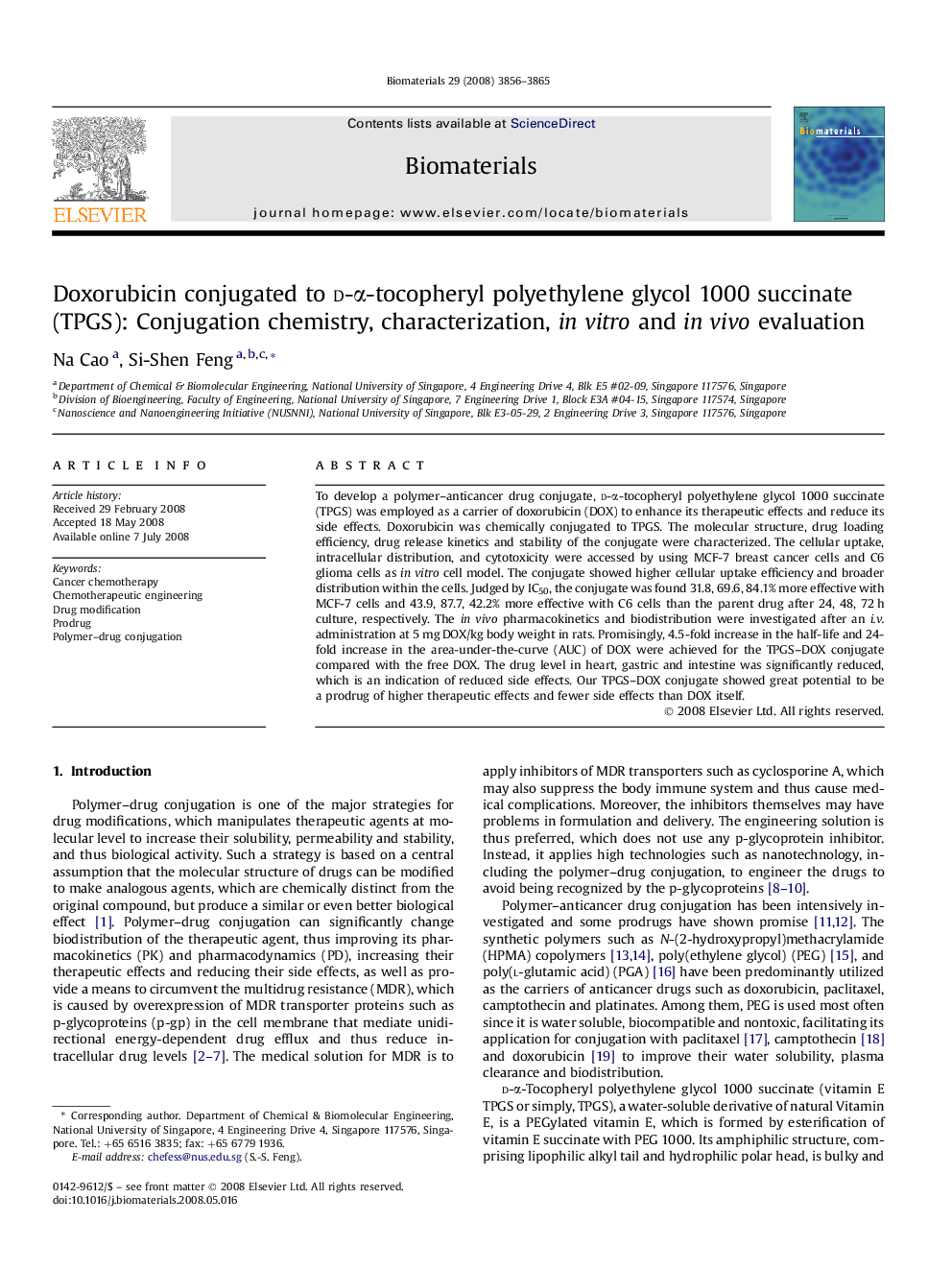 Doxorubicin conjugated to d-α-tocopheryl polyethylene glycol 1000 succinate (TPGS): Conjugation chemistry, characterization, in vitro and in vivo evaluation