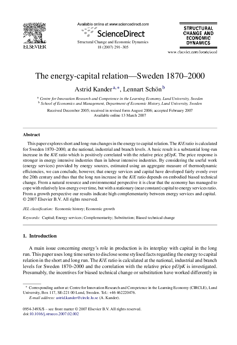 The energy-capital relation—Sweden 1870–2000