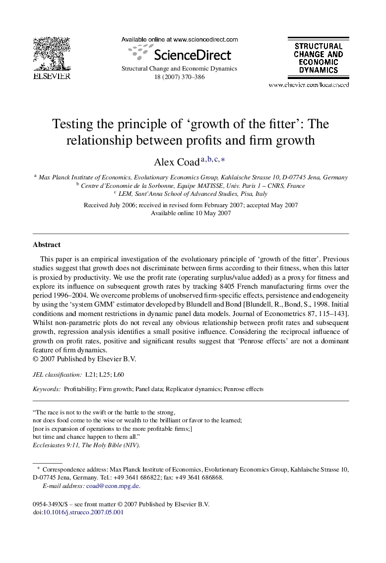 Testing the principle of ‘growth of the fitter’: The relationship between profits and firm growth