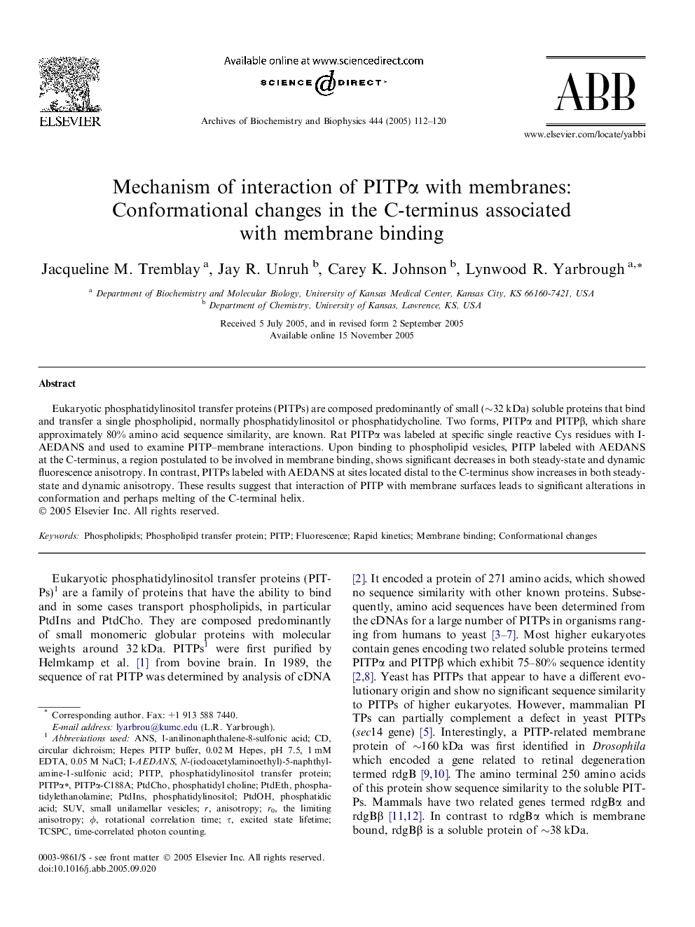 Mechanism of interaction of PITPÎ± with membranes: Conformational changes in the C-terminus associated with membrane binding