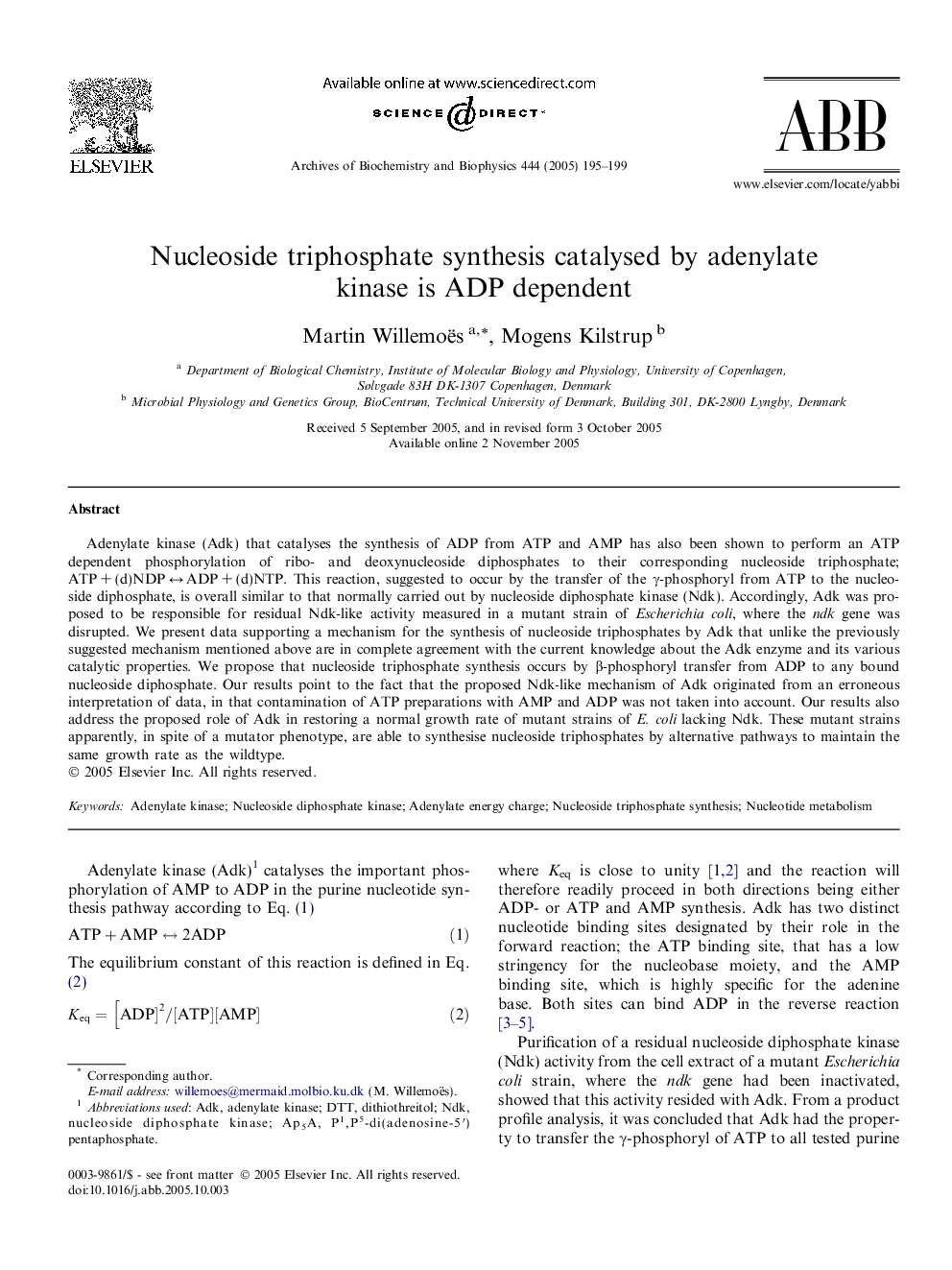 Nucleoside triphosphate synthesis catalysed by adenylate kinase is ADP dependent