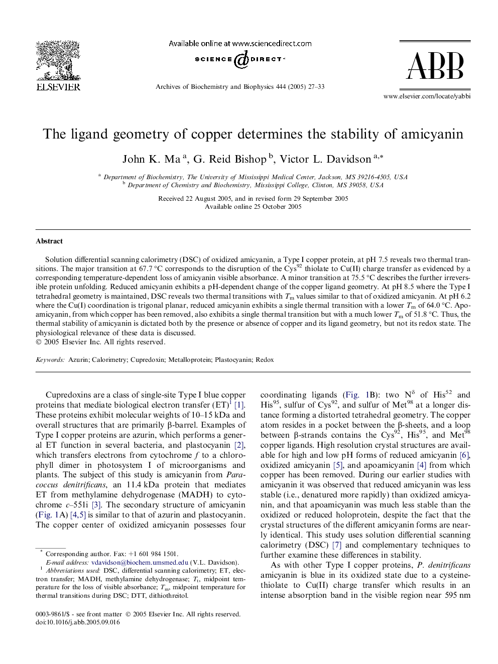 The ligand geometry of copper determines the stability of amicyanin