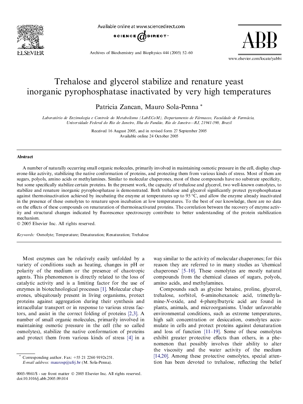 Trehalose and glycerol stabilize and renature yeast inorganic pyrophosphatase inactivated by very high temperatures