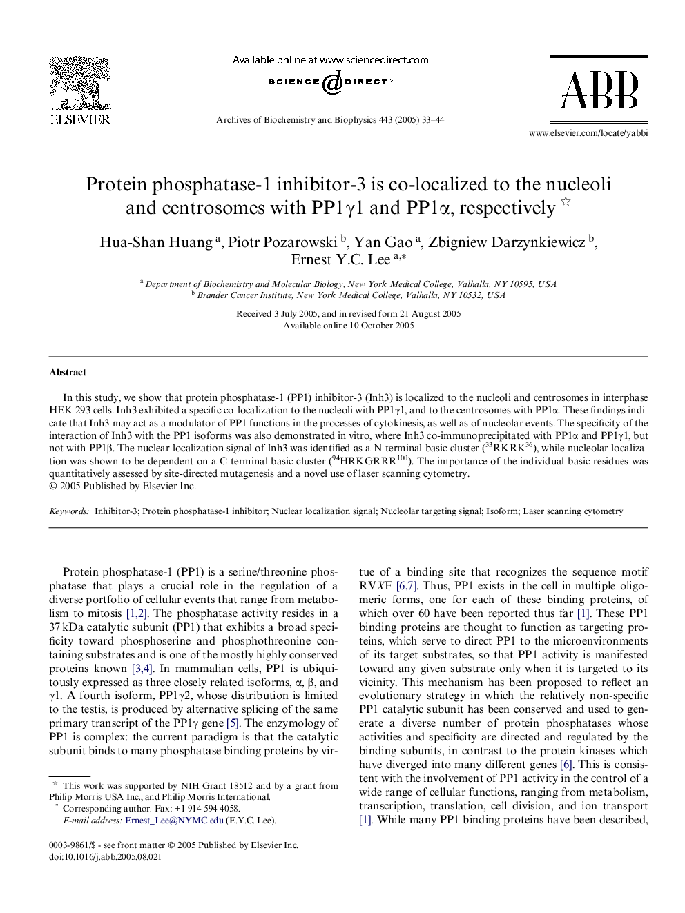 Protein phosphatase-1 inhibitor-3 is co-localized to the nucleoli and centrosomes with PP1Î³1 and PP1Î±, respectively