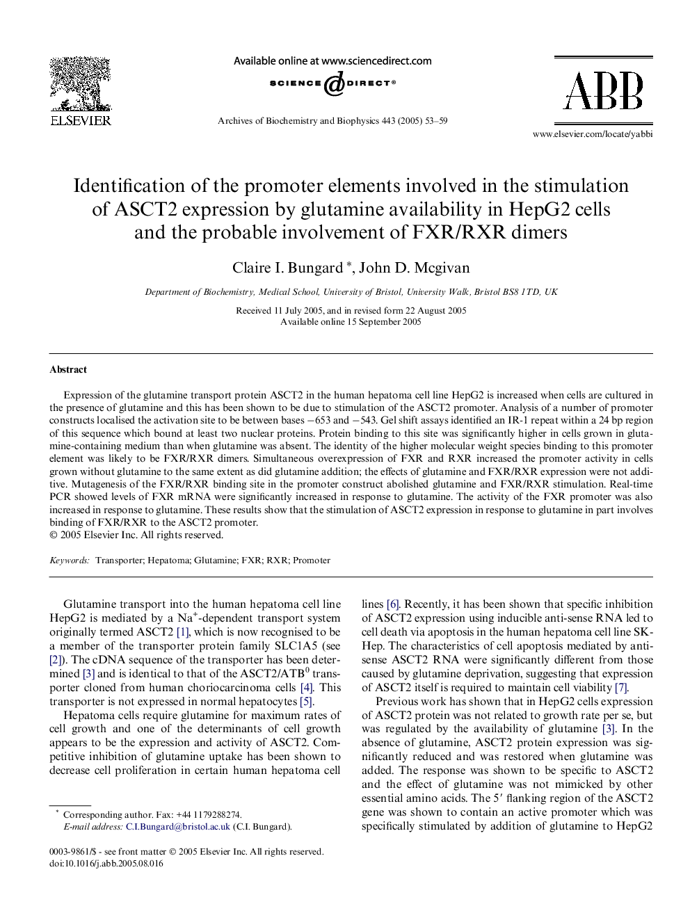 Identification of the promoter elements involved in the stimulation of ASCT2 expression by glutamine availability in HepG2 cells and the probable involvement of FXR/RXR dimers