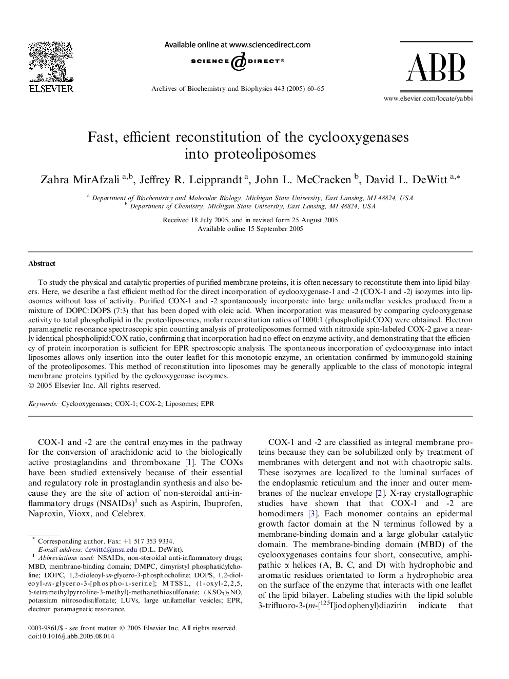 Fast, efficient reconstitution of the cyclooxygenases into proteoliposomes