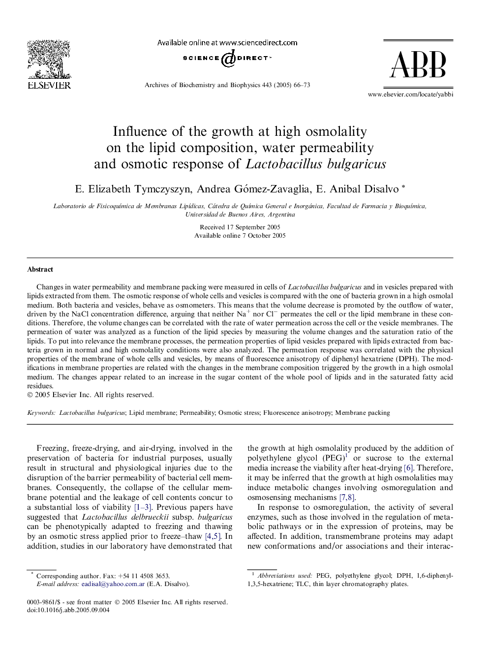 Influence of the growth at high osmolality on the lipid composition, water permeability and osmotic response of Lactobacillus bulgaricus