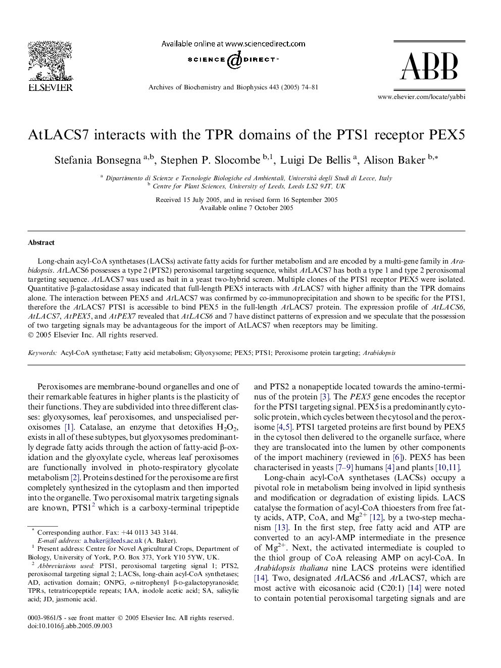 AtLACS7 interacts with the TPR domains of the PTS1 receptor PEX5