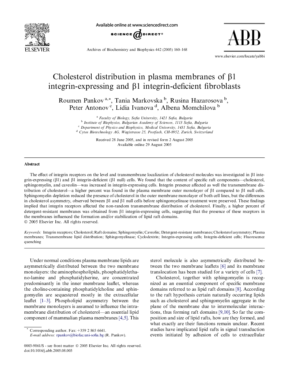 Cholesterol distribution in plasma membranes of Î²1 integrin-expressing and Î²1 integrin-deficient fibroblasts