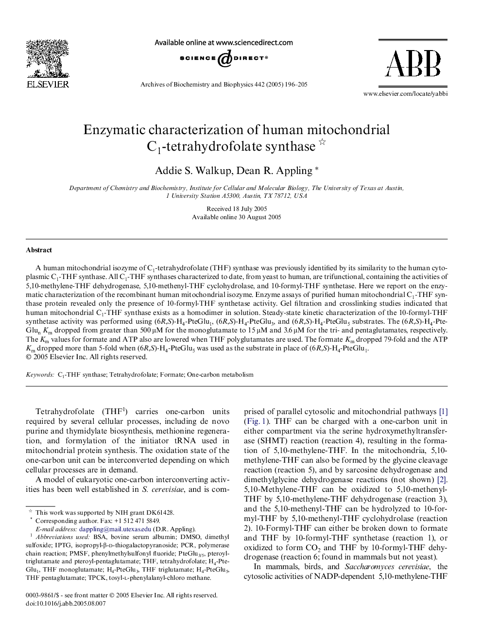 Enzymatic characterization of human mitochondrial C1-tetrahydrofolate synthase