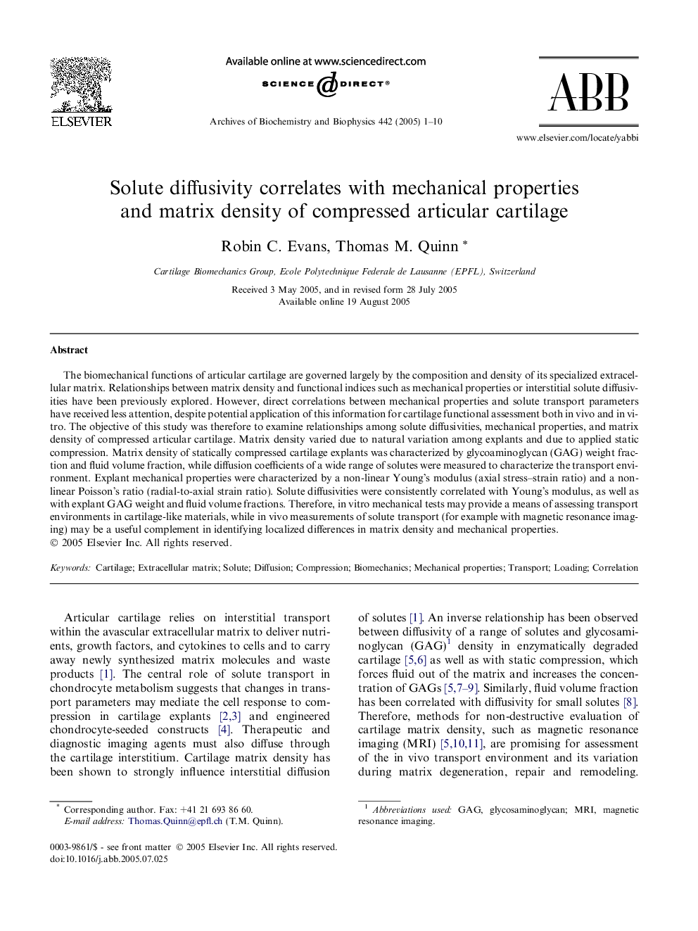 Solute diffusivity correlates with mechanical properties and matrix density of compressed articular cartilage