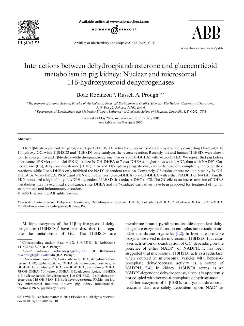 Interactions between dehydroepiandrosterone and glucocorticoid metabolism in pig kidney: Nuclear and microsomal 11Î²-hydroxysteroid dehydrogenases