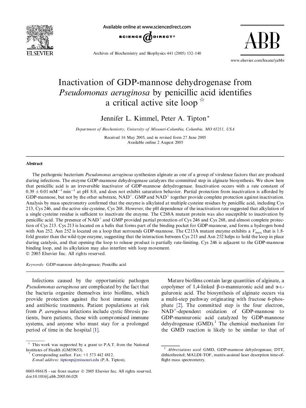 Inactivation of GDP-mannose dehydrogenase from Pseudomonas aeruginosa by penicillic acid identifies a critical active site loop