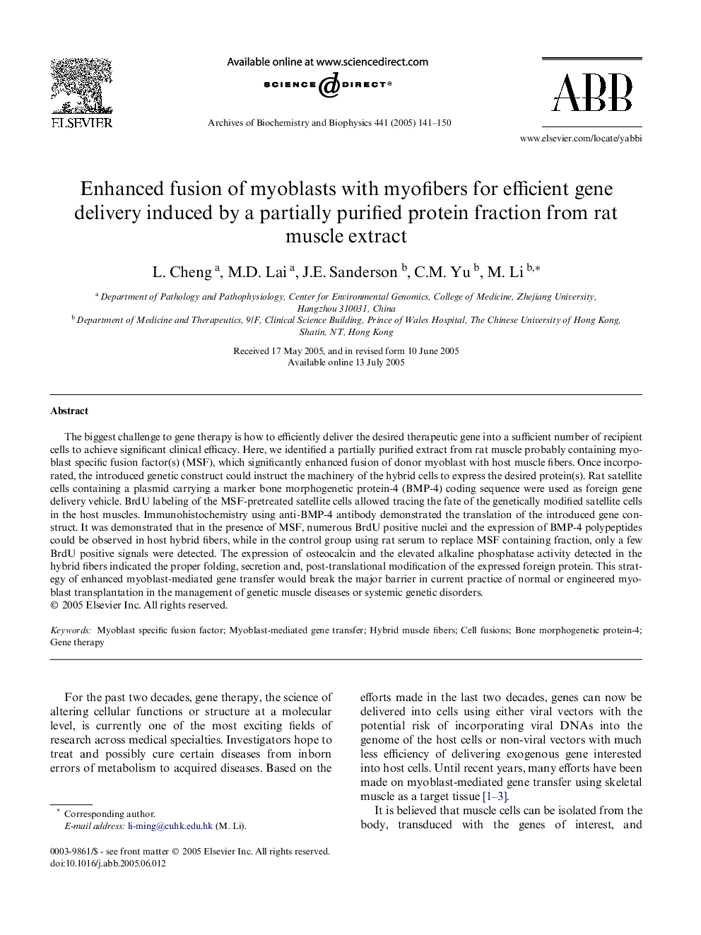 Enhanced fusion of myoblasts with myofibers for efficient gene delivery induced by a partially purified protein fraction from rat muscle extract