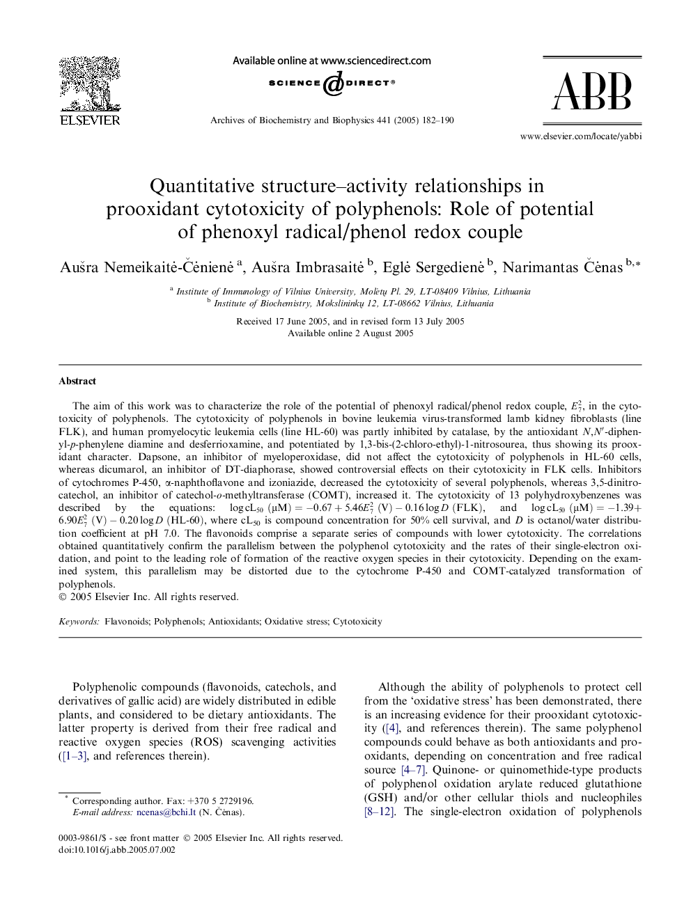 Quantitative structure-activity relationships in prooxidant cytotoxicity of polyphenols: Role of potential of phenoxyl radical/phenol redox couple