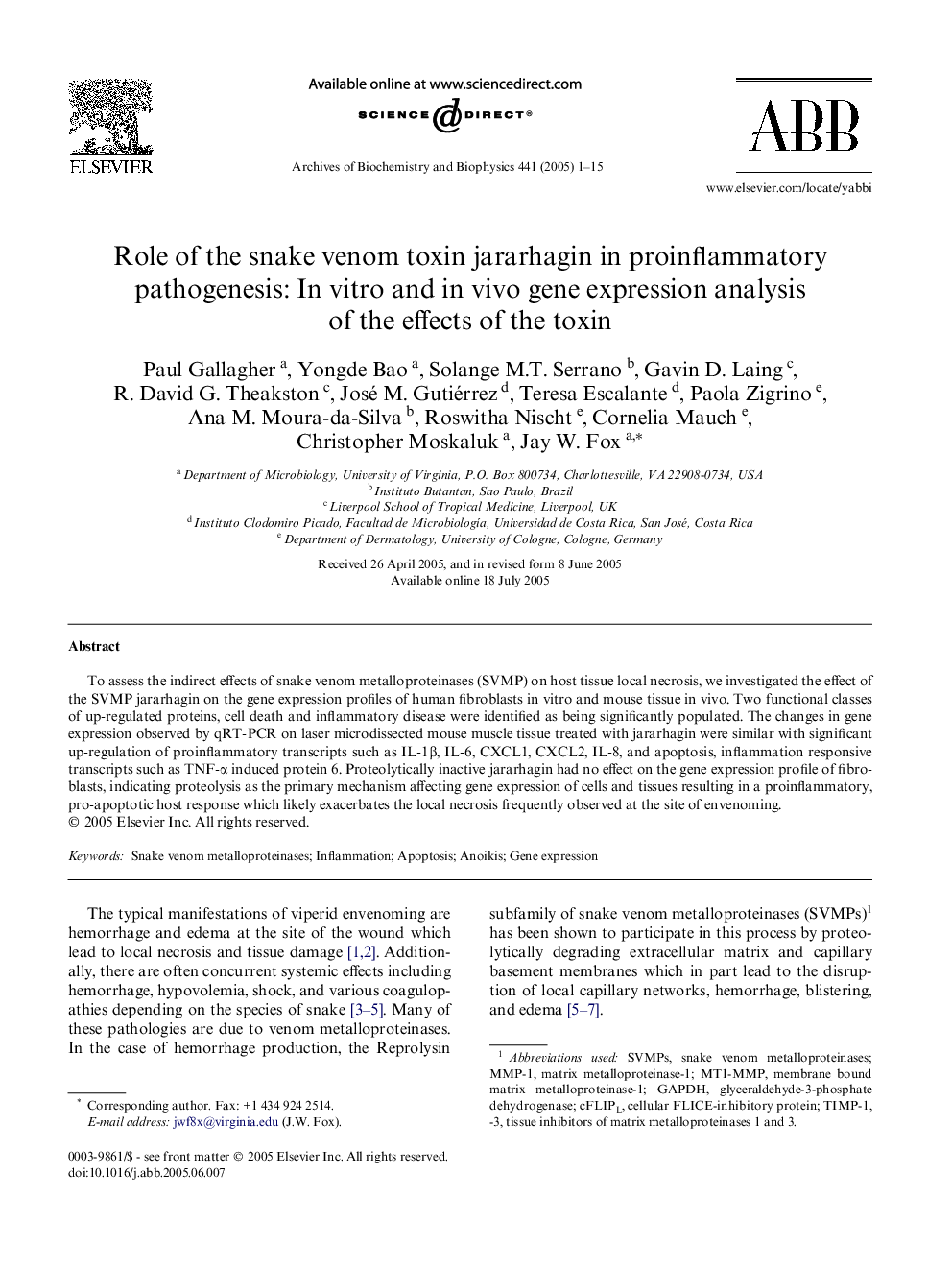 Role of the snake venom toxin jararhagin in proinflammatory pathogenesis: In vitro and in vivo gene expression analysis of the effects of the toxin