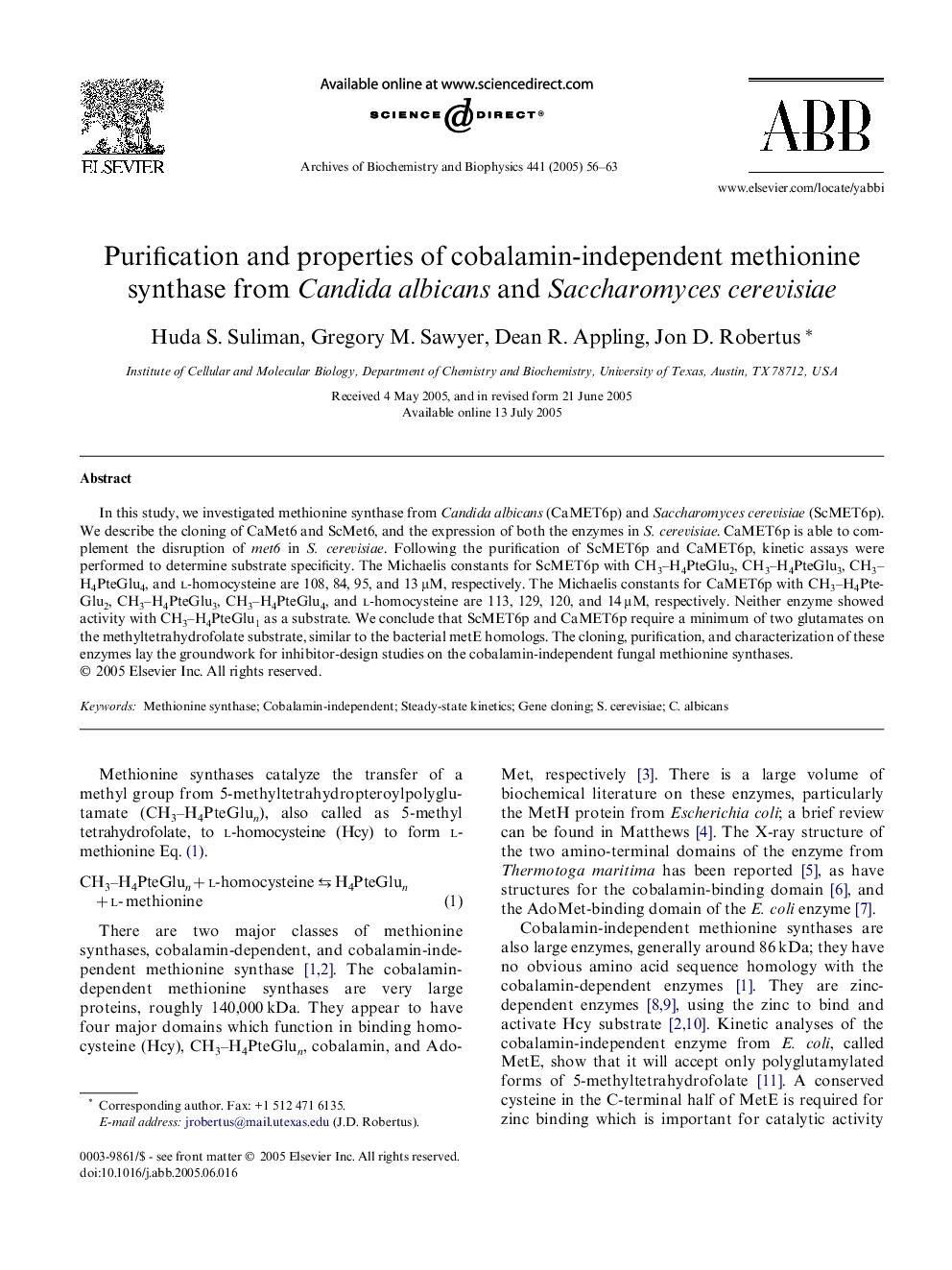 Purification and properties of cobalamin-independent methionine synthase from Candida albicans and Saccharomyces cerevisiae