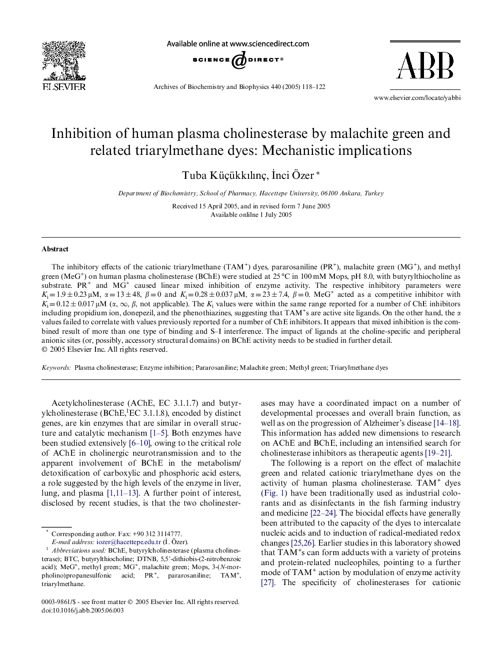 Inhibition of human plasma cholinesterase by malachite green and related triarylmethane dyes: Mechanistic implications