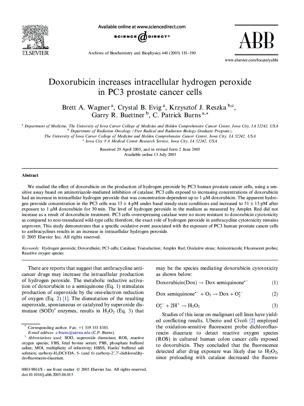 Doxorubicin increases intracellular hydrogen peroxide in PC3 prostate cancer cells