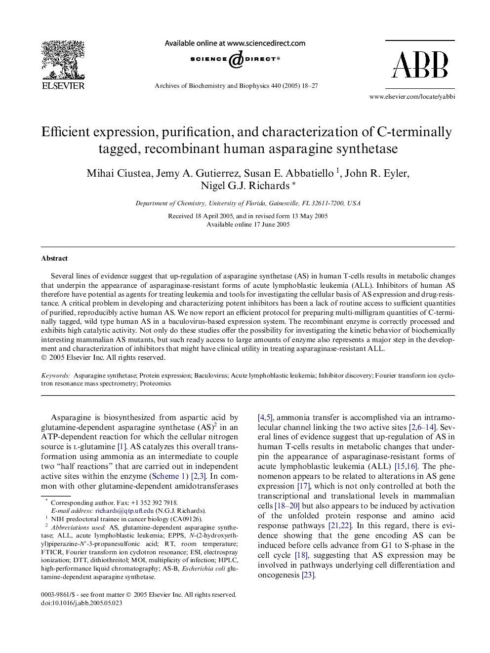 Efficient expression, purification, and characterization of C-terminally tagged, recombinant human asparagine synthetase