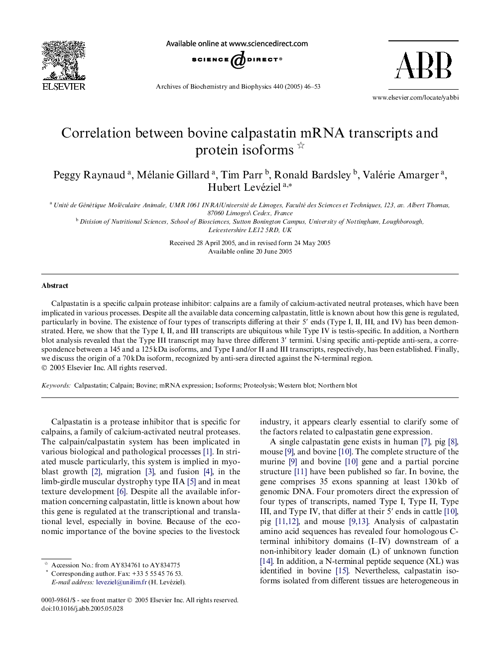 Correlation between bovine calpastatin mRNA transcripts and protein isoforms