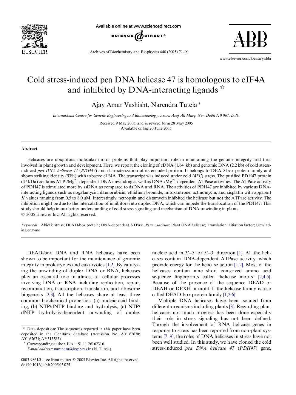 Cold stress-induced pea DNA helicase 47 is homologous to eIF4A and inhibited by DNA-interacting ligands