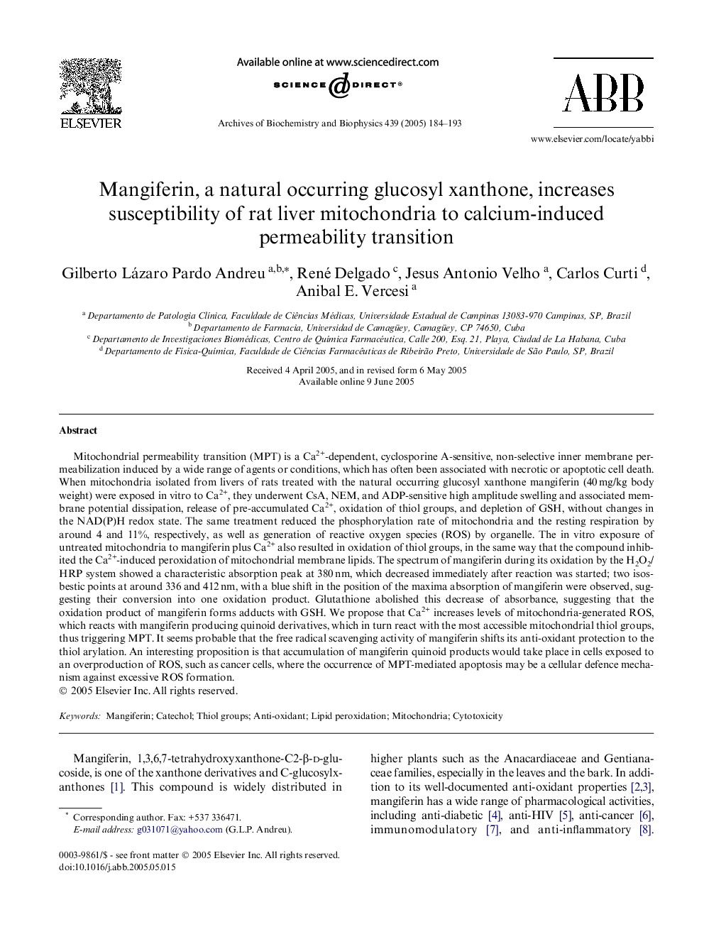 Mangiferin, a natural occurring glucosyl xanthone, increases susceptibility of rat liver mitochondria to calcium-induced permeability transition