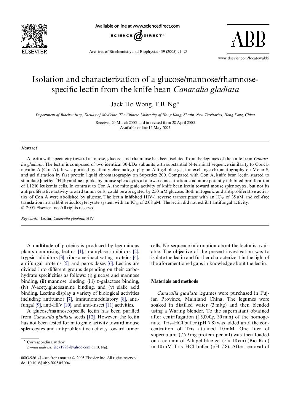 Isolation and characterization of a glucose/mannose/rhamnose-specific lectin from the knife bean Canavalia gladiata