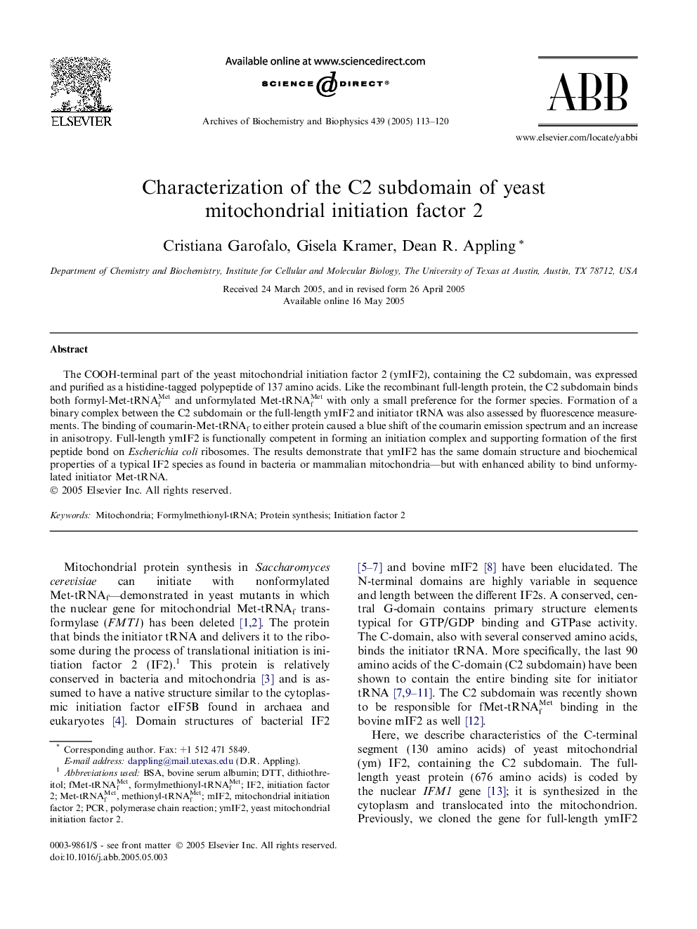 Characterization of the C2 subdomain of yeast mitochondrial initiation factor 2