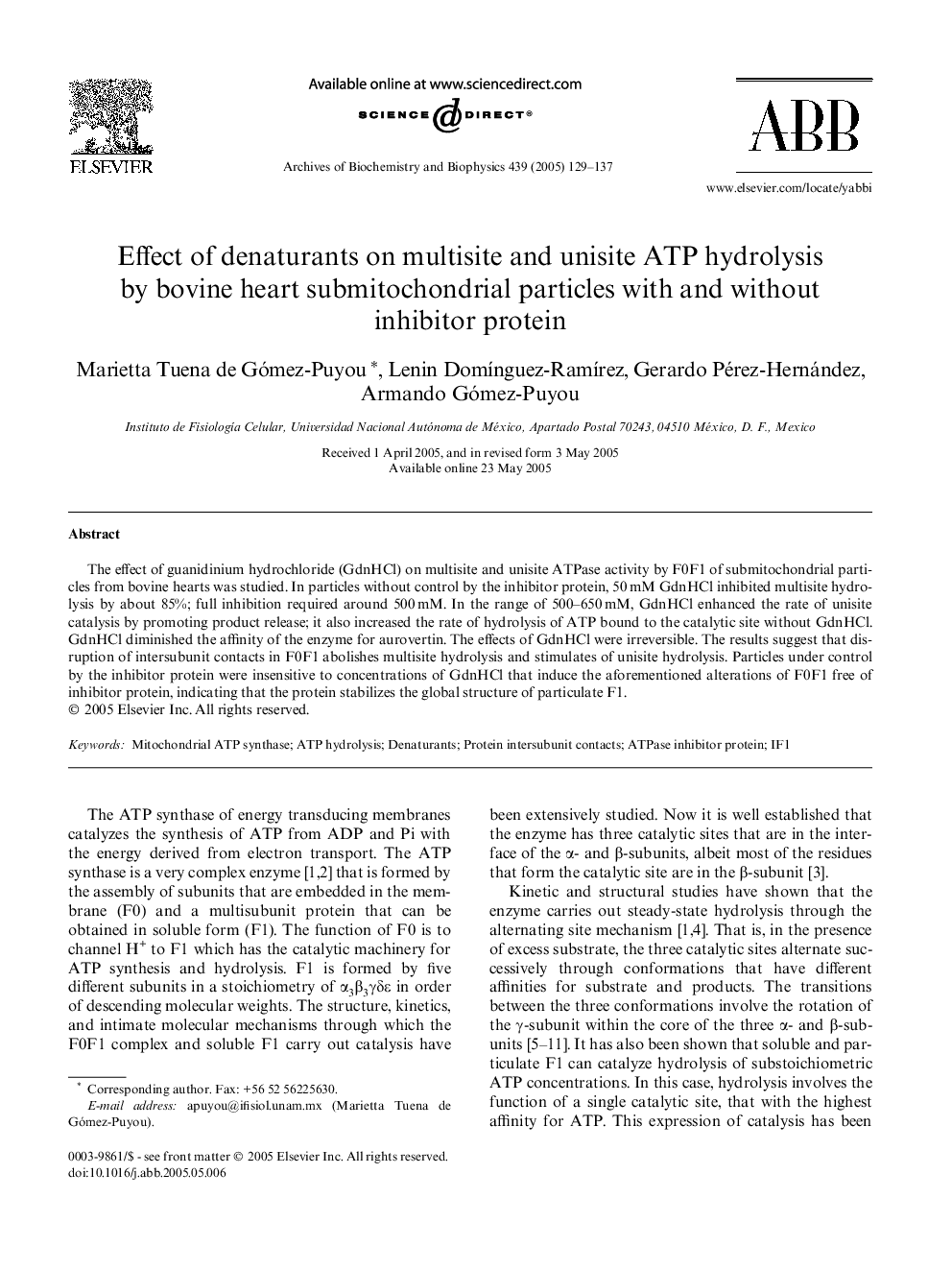 Effect of denaturants on multisite and unisite ATP hydrolysis by bovine heart submitochondrial particles with and without inhibitor protein