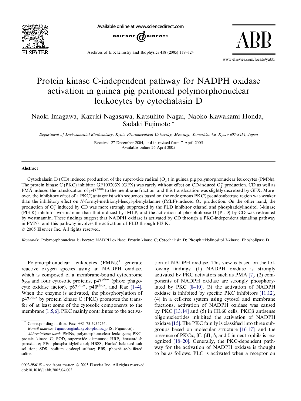 Protein kinase C-independent pathway for NADPH oxidase activation in guinea pig peritoneal polymorphonuclear leukocytes by cytochalasin D