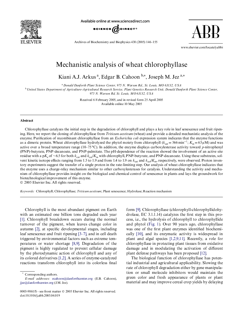 Mechanistic analysis of wheat chlorophyllase