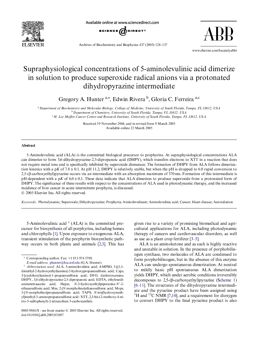 Supraphysiological concentrations of 5-aminolevulinic acid dimerize in solution to produce superoxide radical anions via a protonated dihydropyrazine intermediate