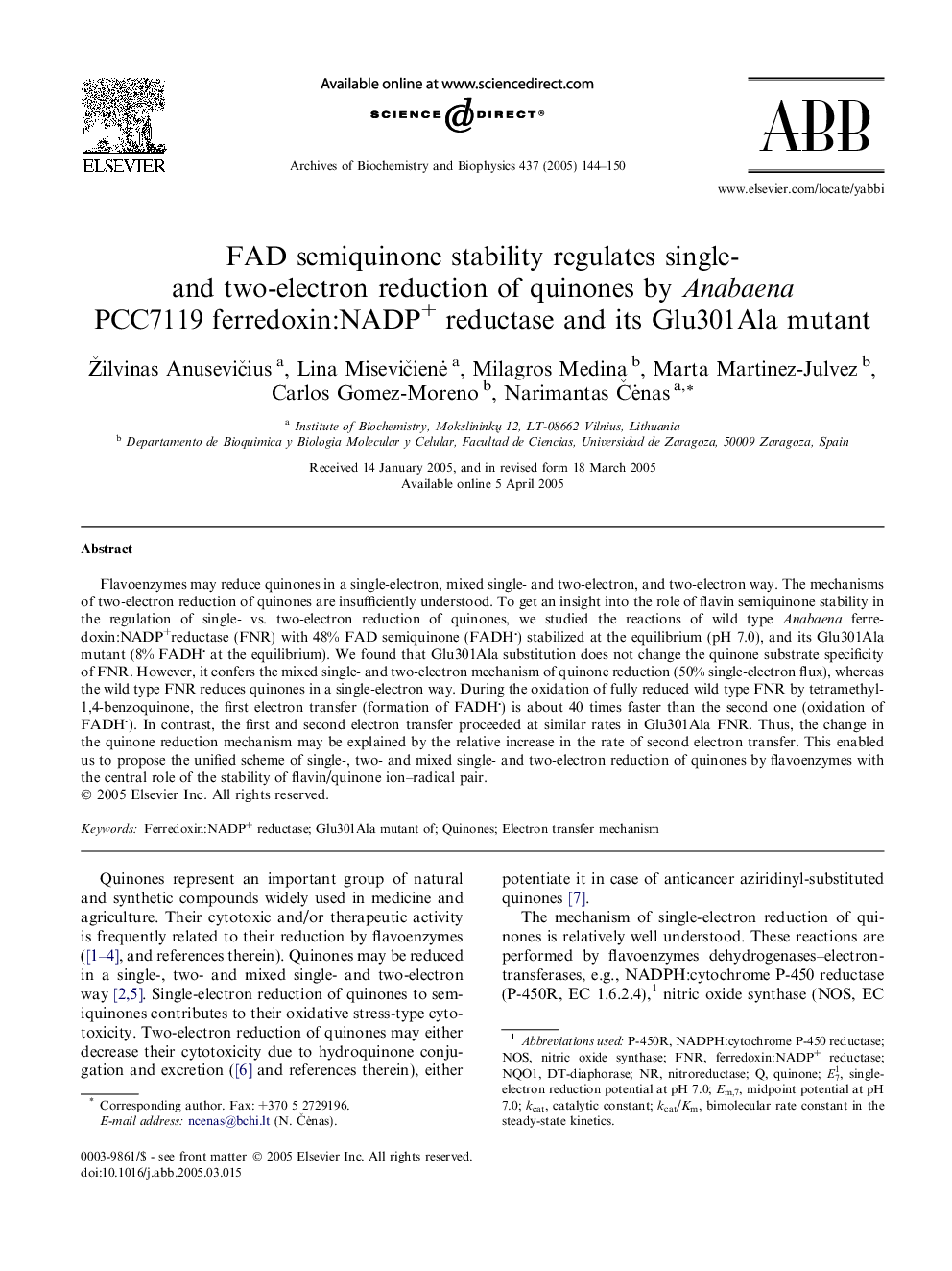 FAD semiquinone stability regulates single- and two-electron reduction of quinones by Anabaena PCC7119 ferredoxin:NADP+ reductase and its Glu301Ala mutant