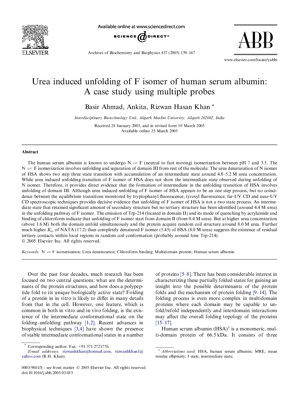 Urea induced unfolding of F isomer of human serum albumin: A case study using multiple probes